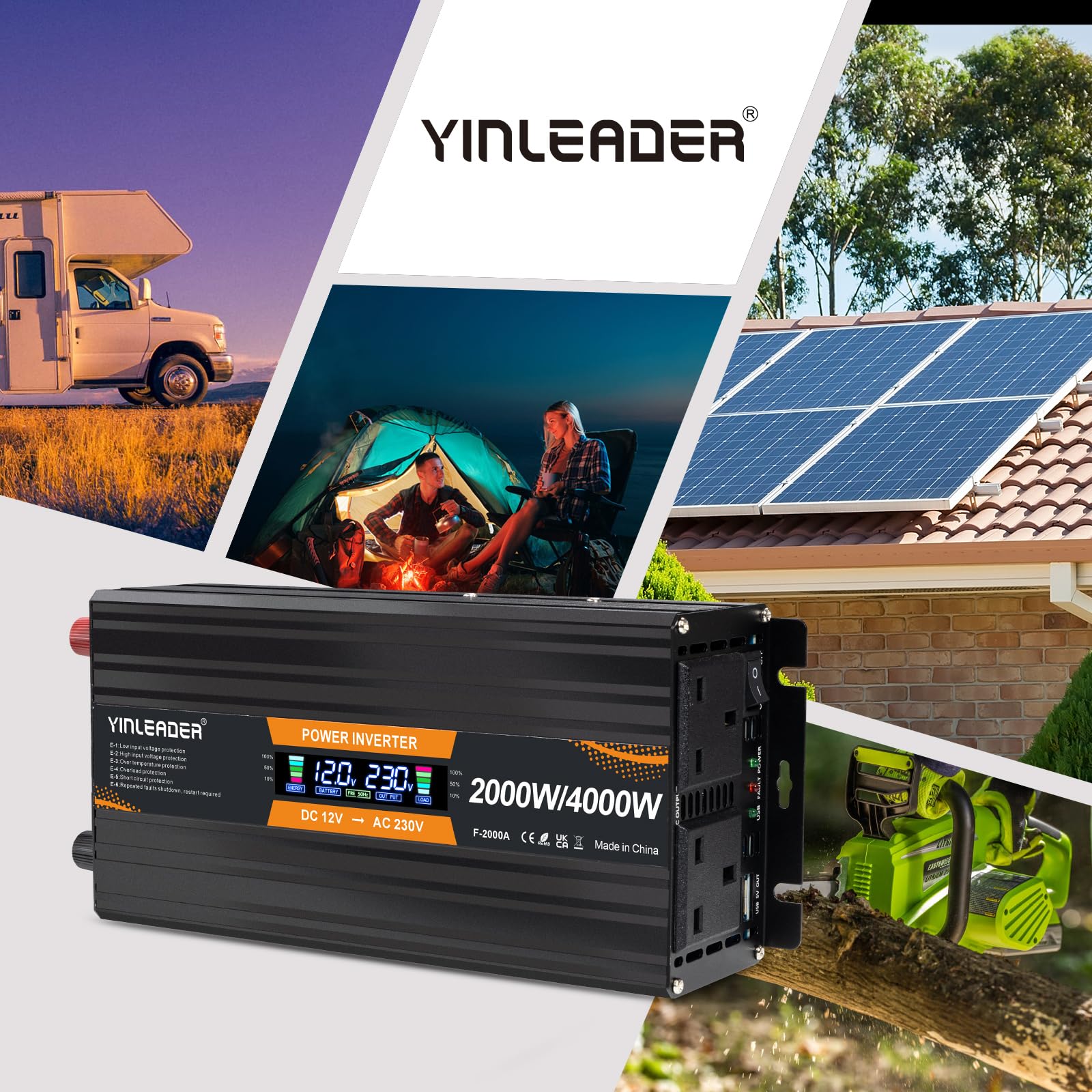 Yinleader Power Inverter 1600W DC 12V to AC 230V 240V Car Converter with UK AC Outlet and Dual USB Ports