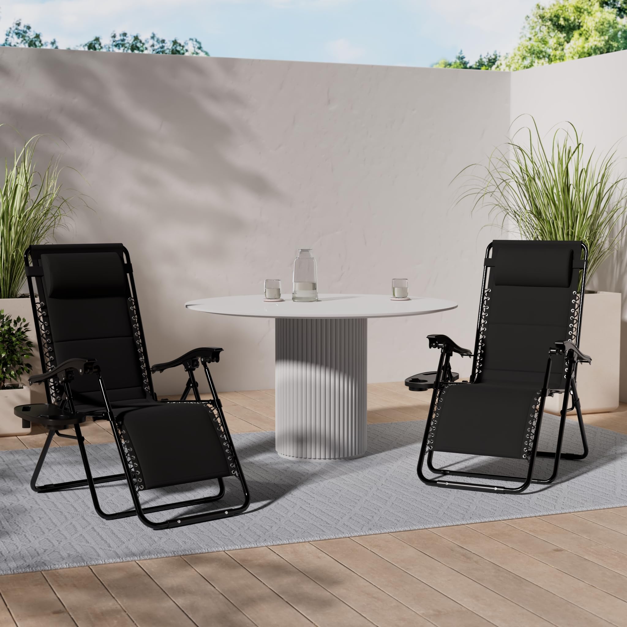 Set of 2 Sun Lounger Garden Chairs With Cup And Phone Holder | Adjustable Headrest Pillow | Deck Folding Recliner Zero Gravity Outdoor Chair - Black