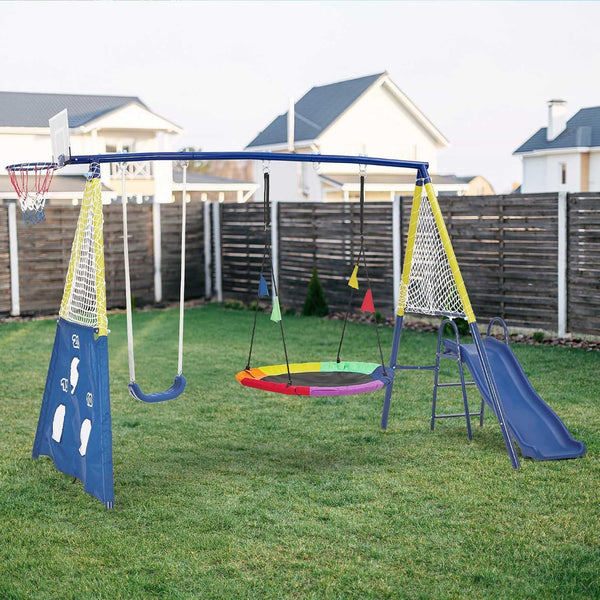 Aptliton Kids Swing set with Metal Frame, Nest Tree and Plastic Single Swing, Basketball Hoop, Slide, Backyard Playground Outdoor Play Frame Toy for children, Over 3 Years Old, Blue and Yellow