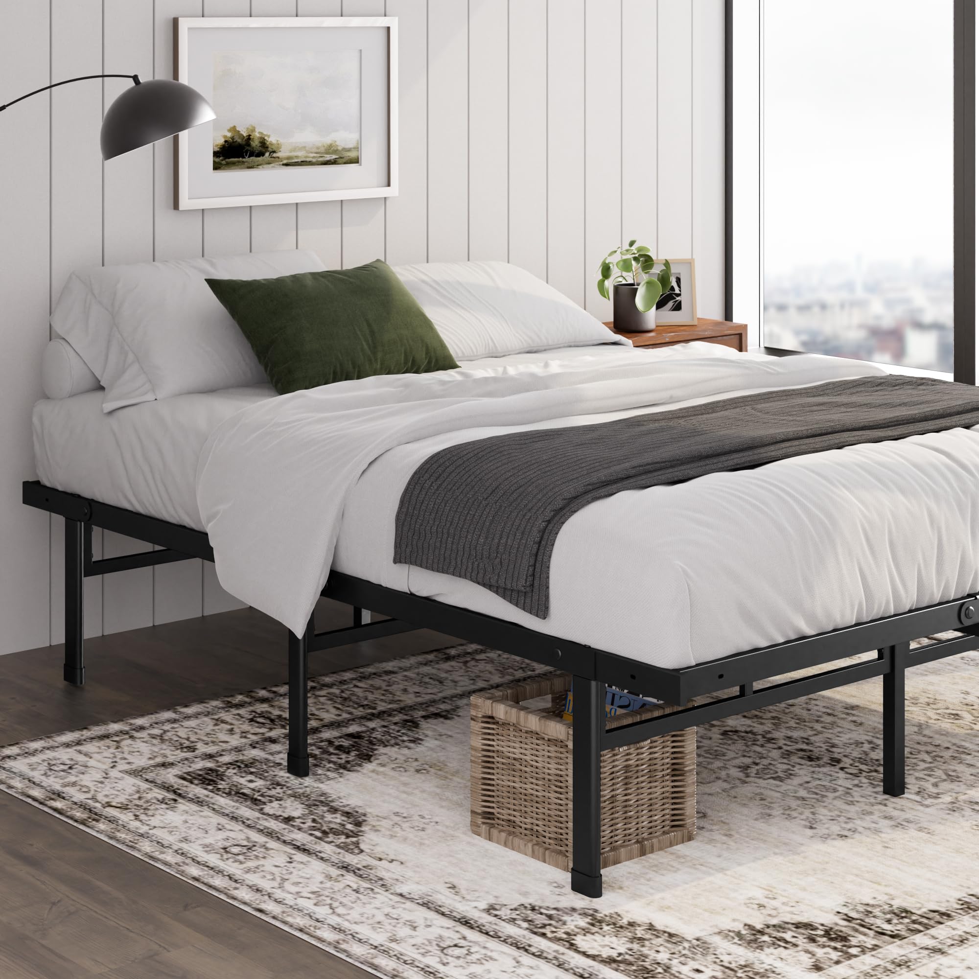 ZINUS Justin Double Bed frame - Bed 135x190 cm - 36cm Height - Metal bed frame with Underbed storage and steel slat support - Black