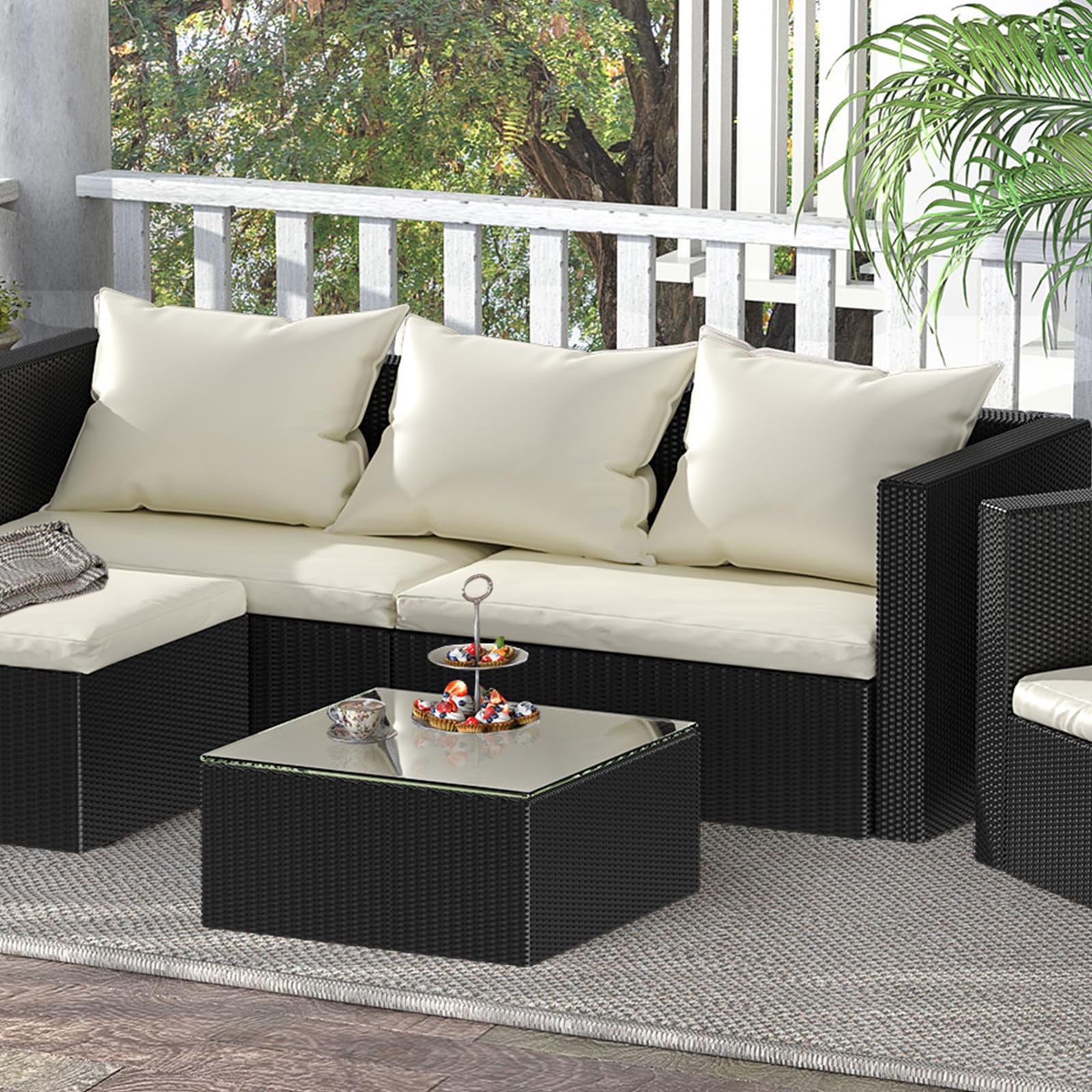 bigzzia Rattan Garden Furniture Set, 4 piece Patio Rattan furniture sofa Weaving Wicker includes 2 Armchairs,1 Double seat Sofa and 1 table (Black)