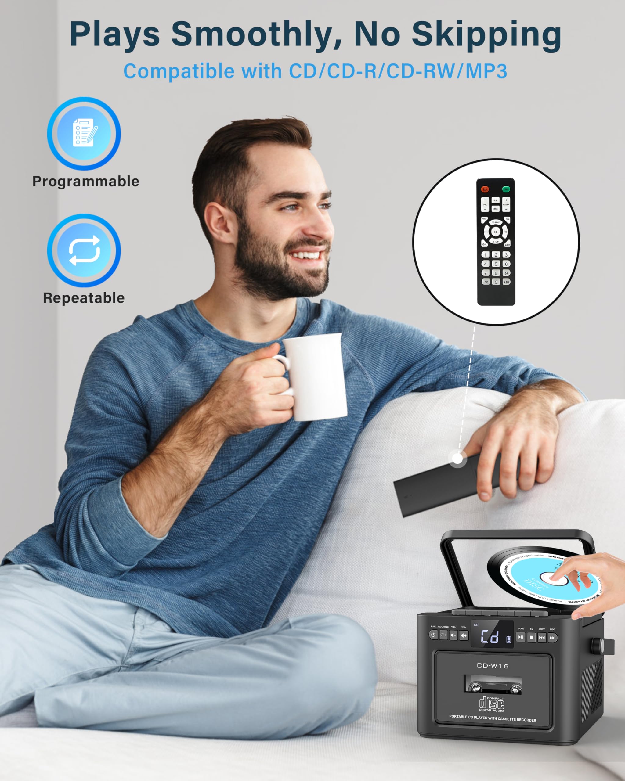 Greadio Portable CD Player for Home, Rechargeable Boombox Cassette Player, FM Radio CD Player with Bluetooth, 5000mAh Battery, Remote Control, USB, AUX, TF/SD Card, 5W Dual Stereo Speaker (Black)