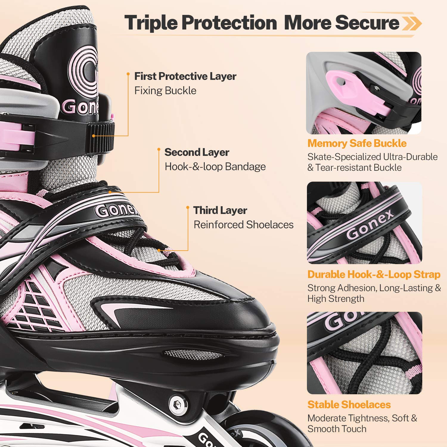 Gonex Children?s Inline Skates, Adjustable Inline Skates for Boys and Girls, EU 31-42, Pink, S
