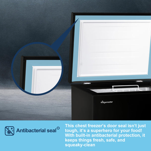 Fridgemaster MCF142EB 142L Chester Freezer 4 Star Freezer Rating - 55.9D x 62.5W x 85.4H cm Black with Recessed Handle - E Rated