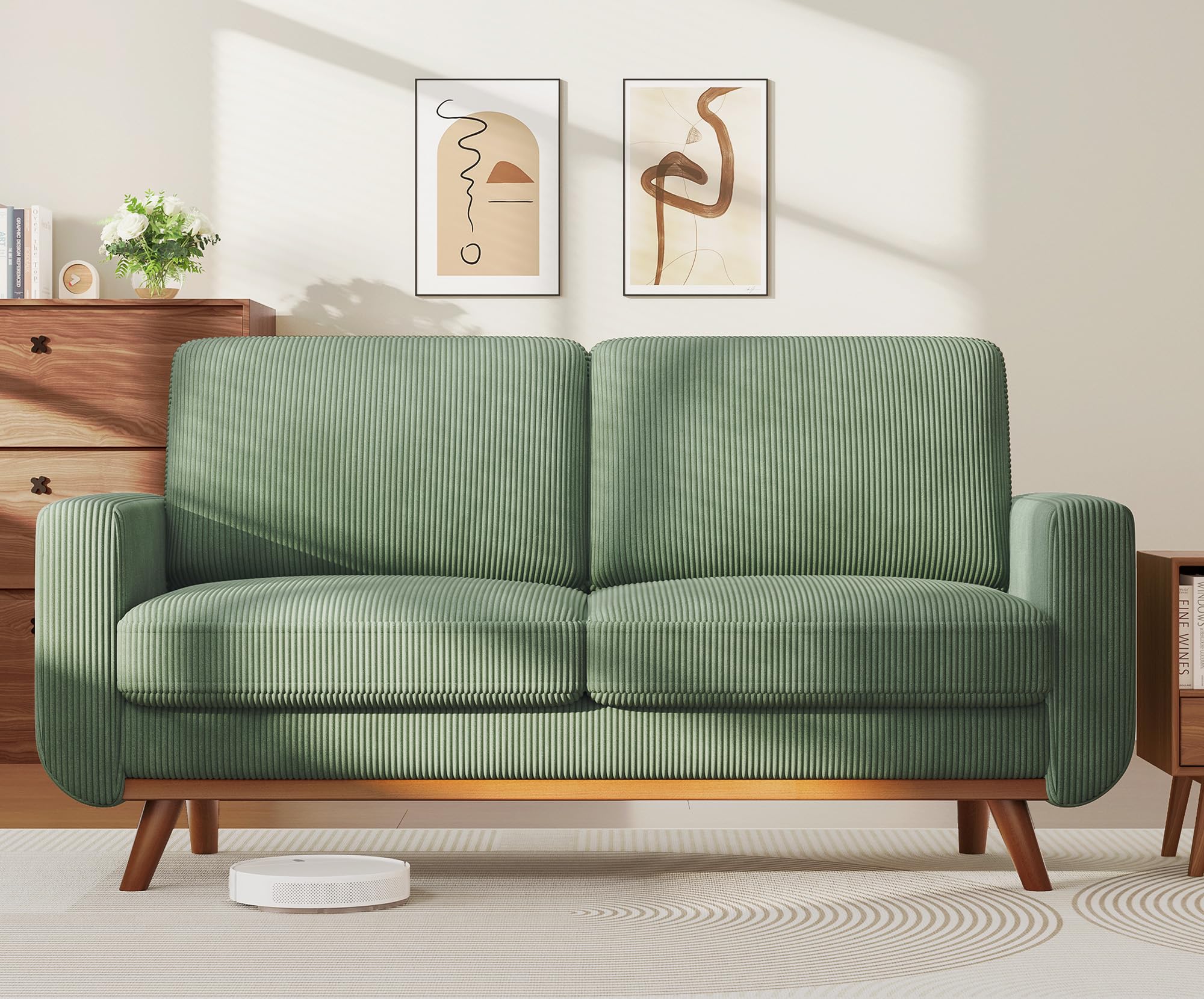 Vesgantti 172cm Loveseat Sofa Green, Comfy Corduroy Couch with Spring Cushion, 2 Seater Sofa with Solid Wood, Sofa Couch with Deep Seat, Sofa for Bedroom, Loveseat for Living Room, Green Office Couch