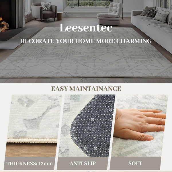 Leesentec Rugs Living Room Large Rug 200x250cm Cream Light Grey White Abstract Modern Geometrical Short Pile Rugs Easy Care Soft Non-slip Carpet