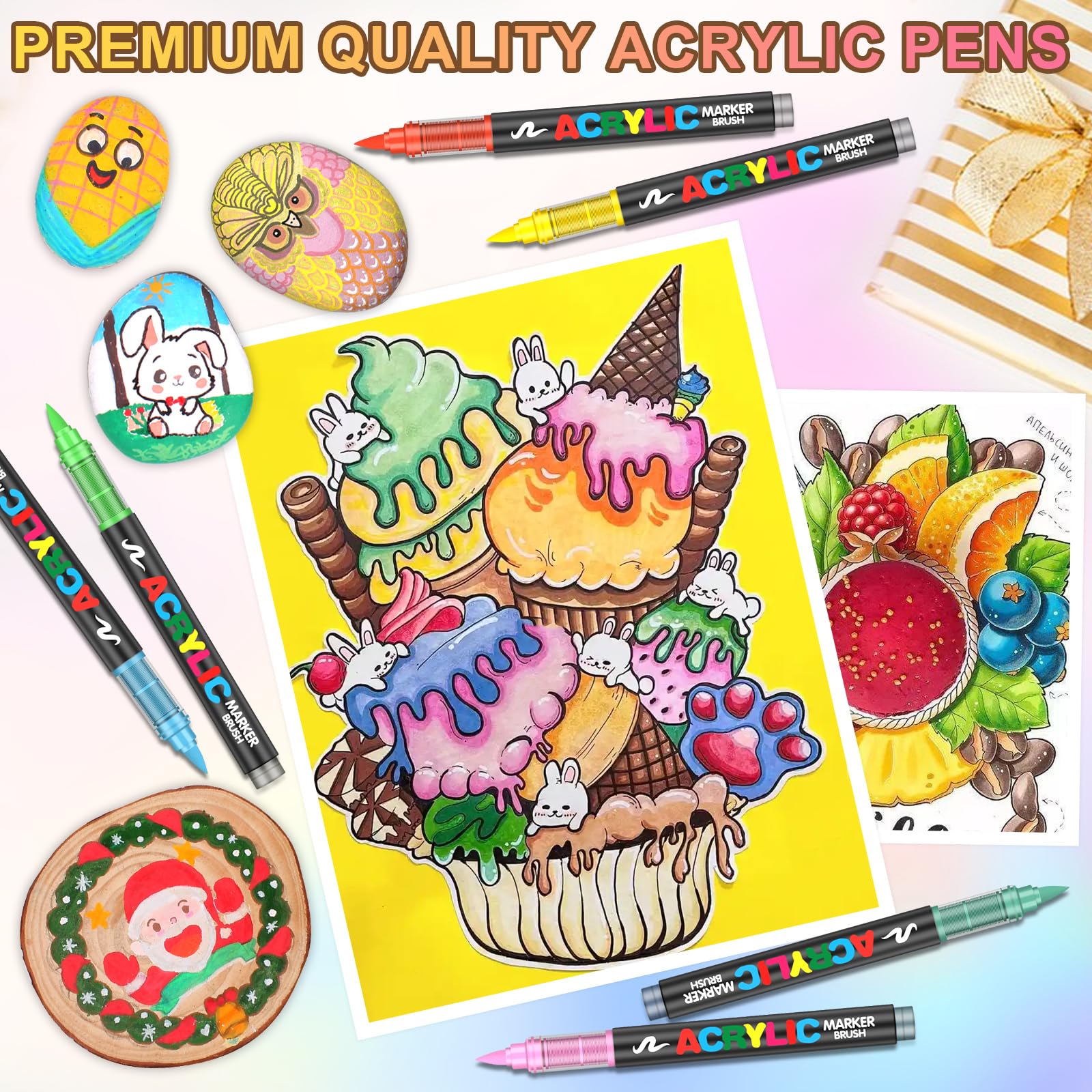 Gunsamg 72 Colours Acrylic Paint Marker Set  Water-Based Paint Pens with Flexible 1-5mm Brush Tip for Rock, Ceramic, Glass, Stone, Metal, Fabric