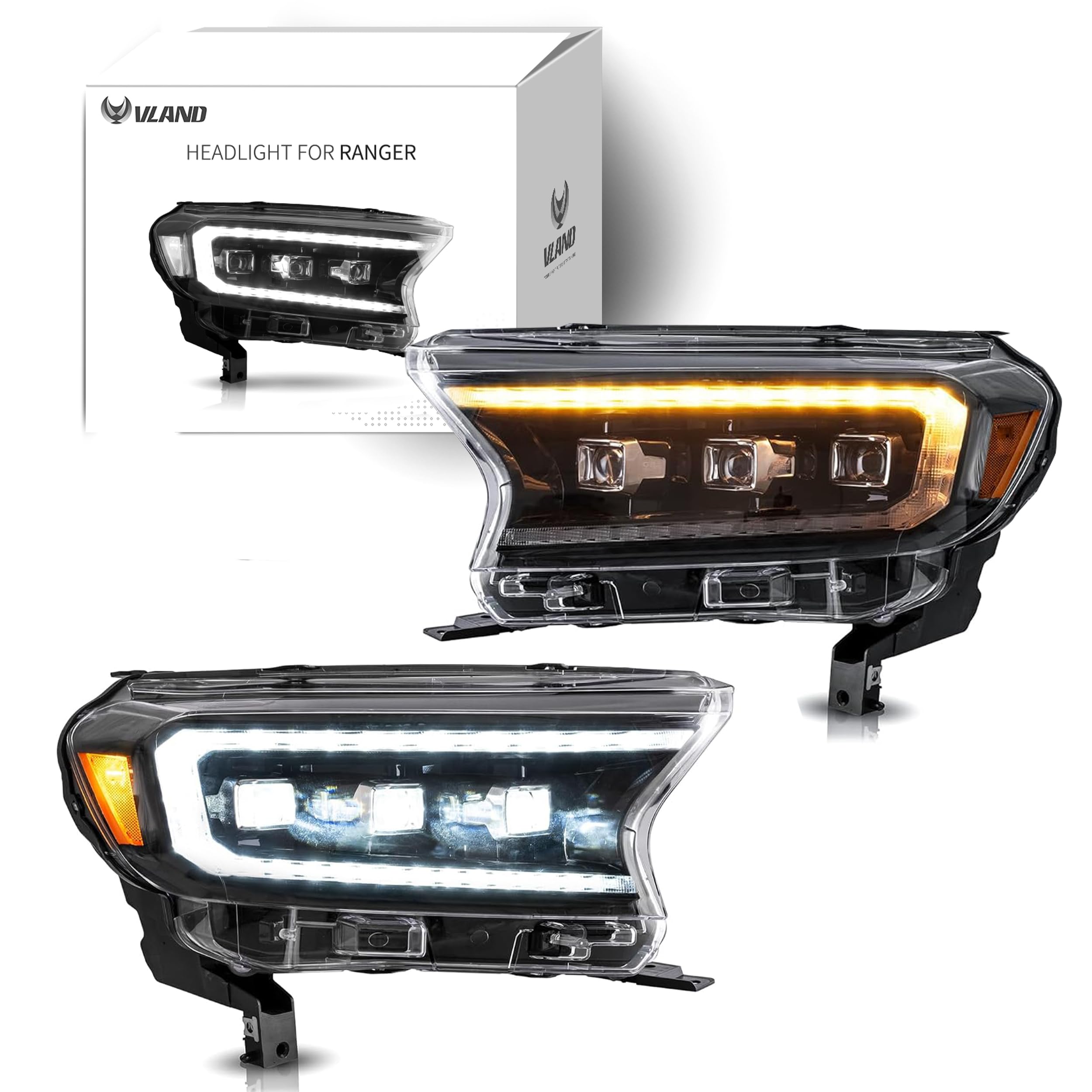 VLAND Headlight Suitable for Ranger T6 T7 T8 T8 XL XLT Wildtrak Raptor 2015-2020 with Sequential Daytime Running Light (LED Matrix, Yellow Reflector) LHD