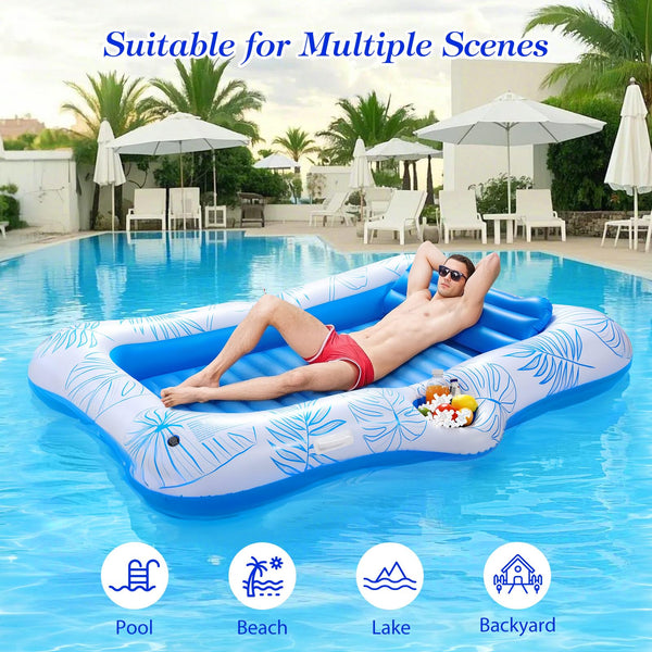 MoKo Pool Floats Adult, Floating Bed with Ice Bar, Tanning Bed Pool Raft Inflatable Lounger with Drink Holder Tanning Chair Inflatable Pool Toys for Party Beach Backyard