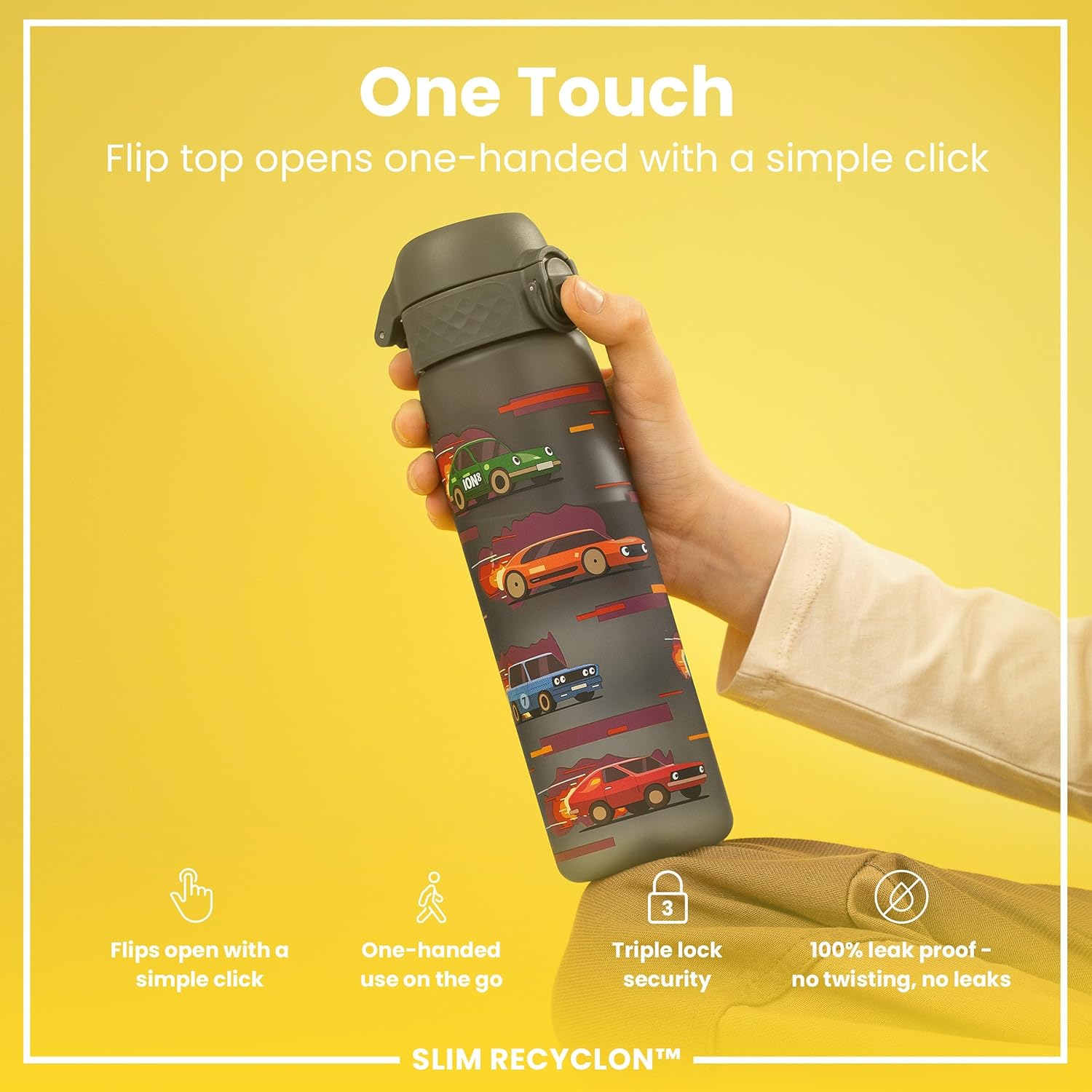 ION8 Water Bottle, 500ml/18oz, Slim Leak-proof & BPA-Free Drinking Bottle, Secure Lock Prevents Spills, Dishwasher Safe, Carry Handle, Ideal for Adults & Kids - Travel, Gym & School, Sport Cars Design
