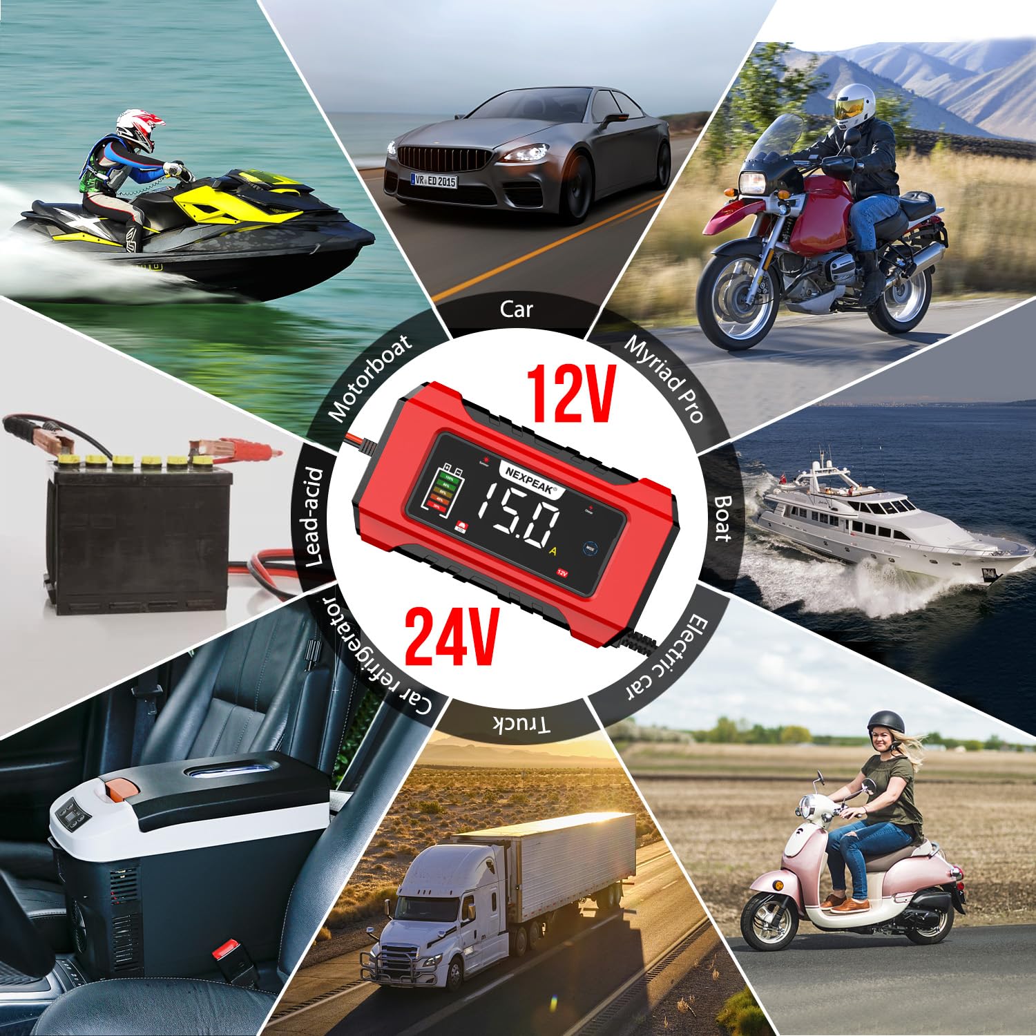 15A Car Battery Charger, 12V 15A/24V 8A Smart Fully Automatic Battery Charger with Temperature Compensation for Car Truck Motorcycle Marine Lead Acid Batteries and LiFePO4 Batteries