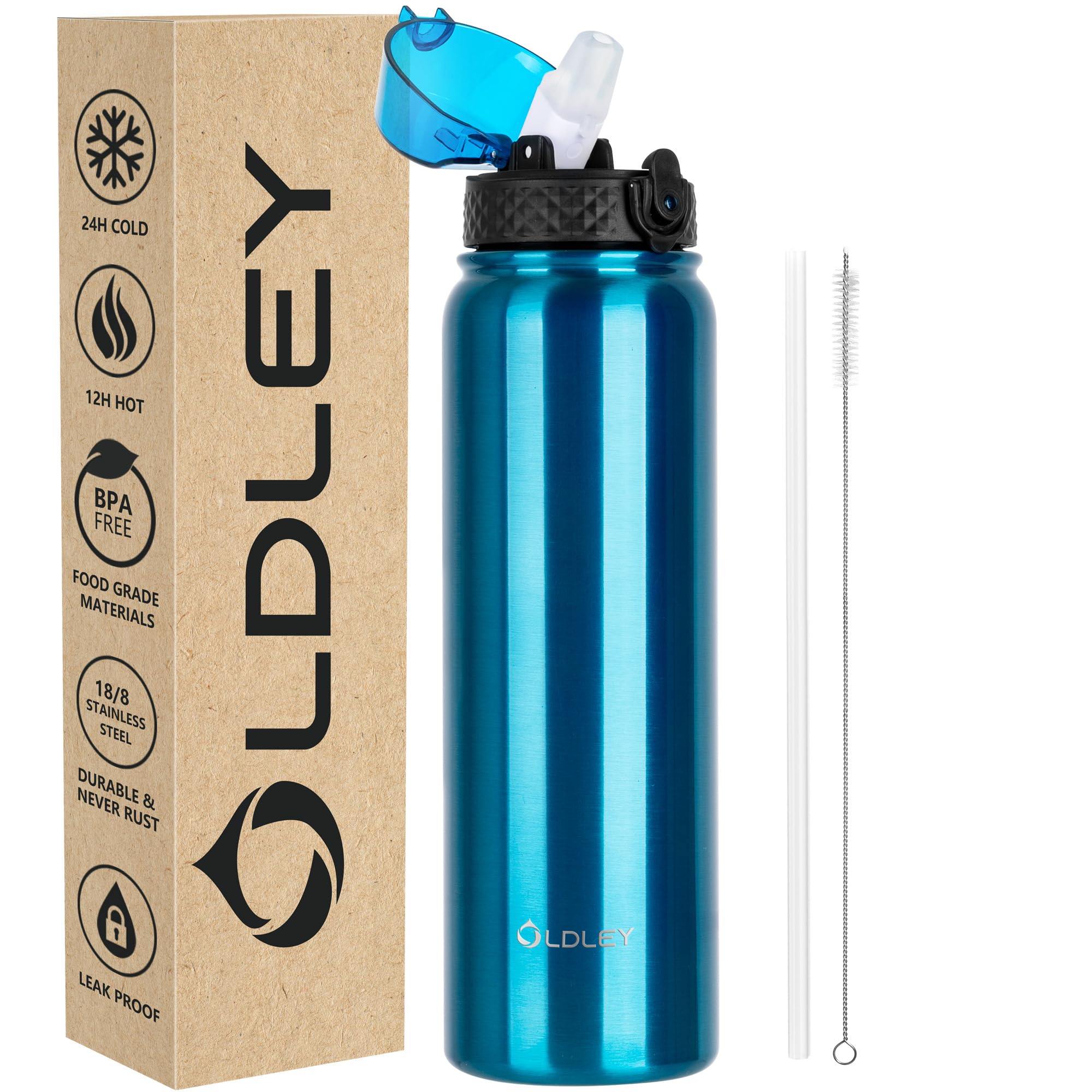 OLDLEY Stainless Steel Water Bottle with Straw 1L Vaccum Insulated Large Drink Flask Metal Water Bottles 1 Litre Leakproof Keep Drinks Hot Cold for Sports Gym with Different Lids(Purple Green, 3 Lids)