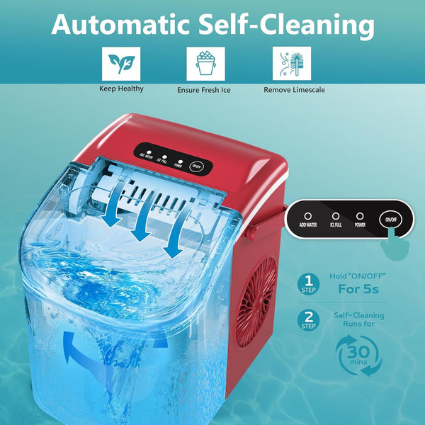 Ice Maker Machine Countertop Ice Cube Maker with Portable Handle, 9 Ice Cubes in 6 Mins, Self-Cleaning Compact Ice Maker 12 kg in 24 Hrs, with Ice Scoop and Basket for Home/Kitchen/Office/Bar