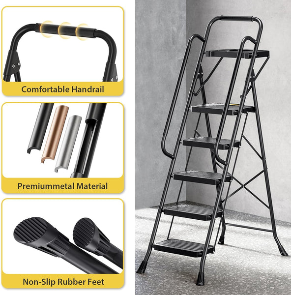 KINGRACK Folding 3-Step Ladder with Non-Slip Pedals, Sturdy Steel, Lightweight & Portable, Red