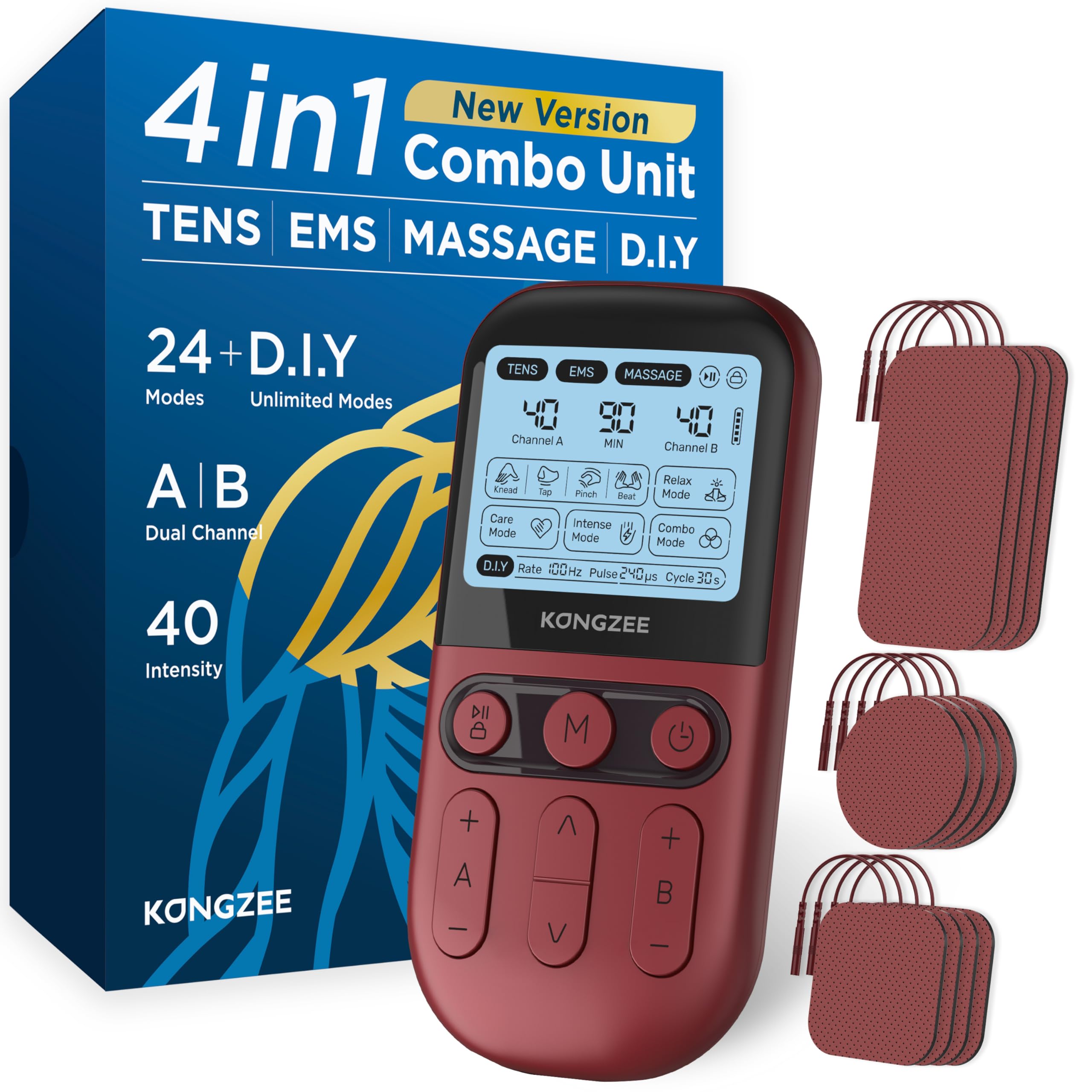 4 in 1 - D.I.Y & Tens Unit & EMS & Massage Muscle Stimulator, Dual Channel Therapy Machine for Pain Relief, FDA Cleared Rechargeable Electronic Pulse Massager,with 12pcs Electrode Pads