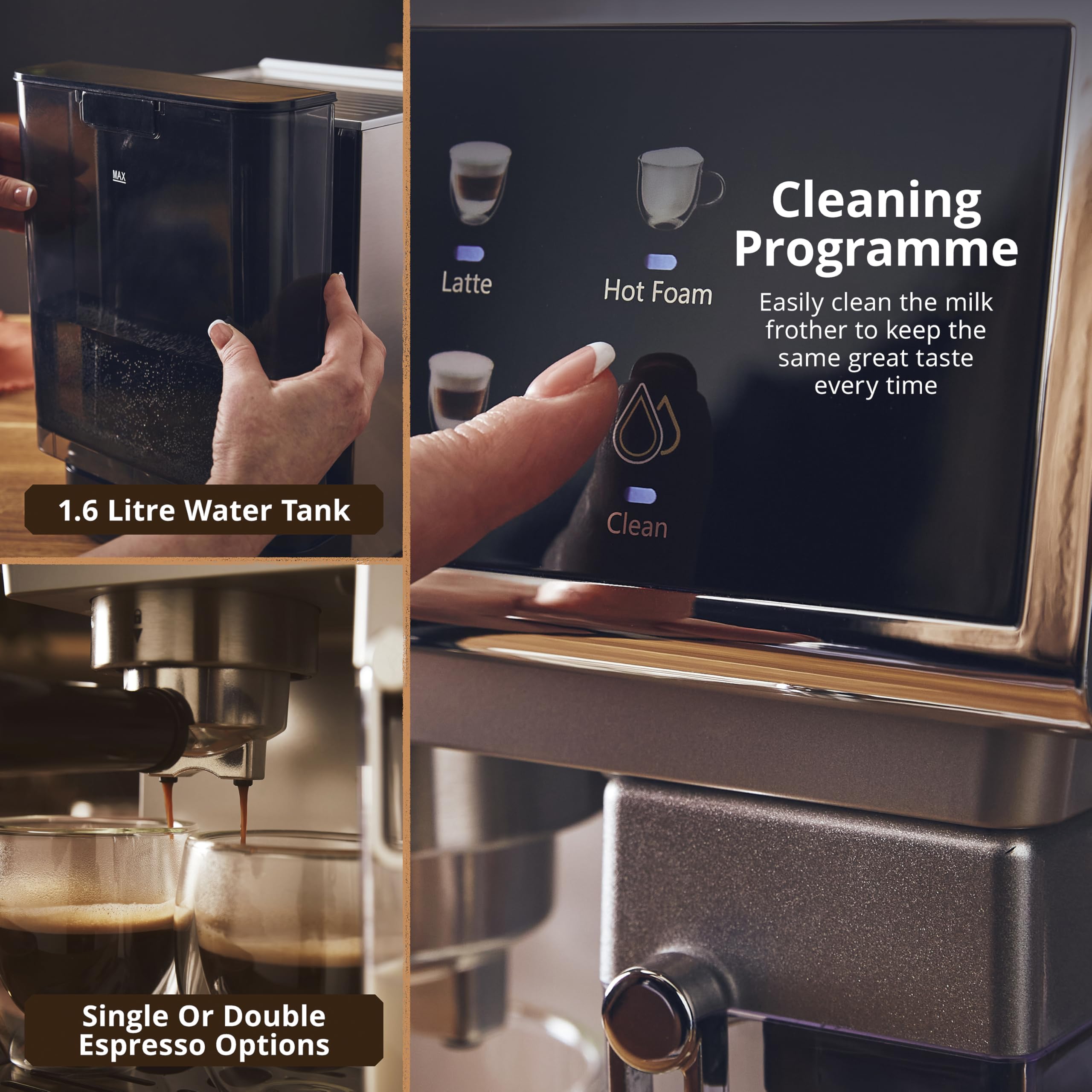 Swan SK22154 Pump Espresso Digital Coffee Machine, Digital Touch Controls with 8 Pre-Sets, 20 Bar Pressure, Built-in Automatic Milk Frother with 500ml Tank, Black