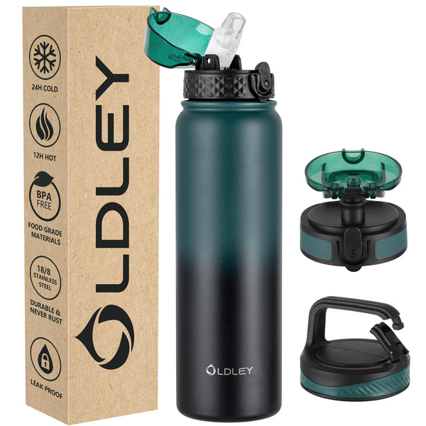 OLDLEY Stainless Steel Water Bottle with Straw 1L Vaccum Insulated Large Drink Flask Metal Water Bottles 1 Litre Leakproof Keep Drinks Hot Cold for Sports Gym with Different Lids(Purple Green, 3 Lids)