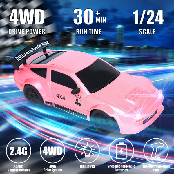 iBlivers Mini RC Drift Car with Full Proportional Throttle, 1:24 Remote Control Car 4WD Drift GT-RX7 RC Cars Vehicle High-Speed Racing RC Drifting Car Gifts Toy for Boys Kids (Pink)