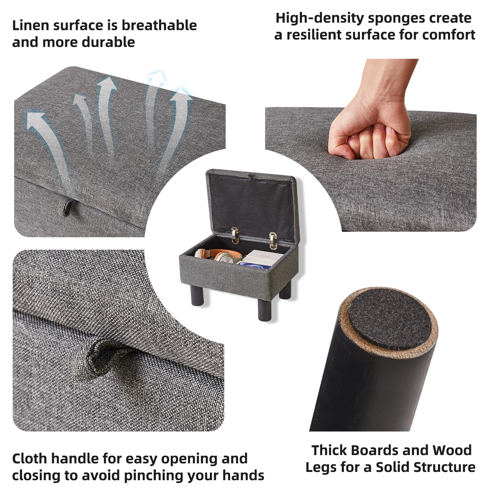 Aibiju Small Ottoman Storage Footstool with Wood Legs, Linen Foot Stool,Pouffe Stool Change Shoe Footrest for Living Room Bedroom Entryway Office,