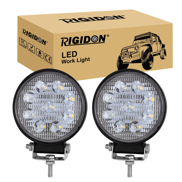 RIGIDON 2 Pcs Round Led Work Light, 4 inch 42W Flood Beam, 12V 24V Driving Lights Lamp for Car Off Road Boat Truck 4x4 SUV ATV Tractors Excavator, 6000K White, Fog Lamp