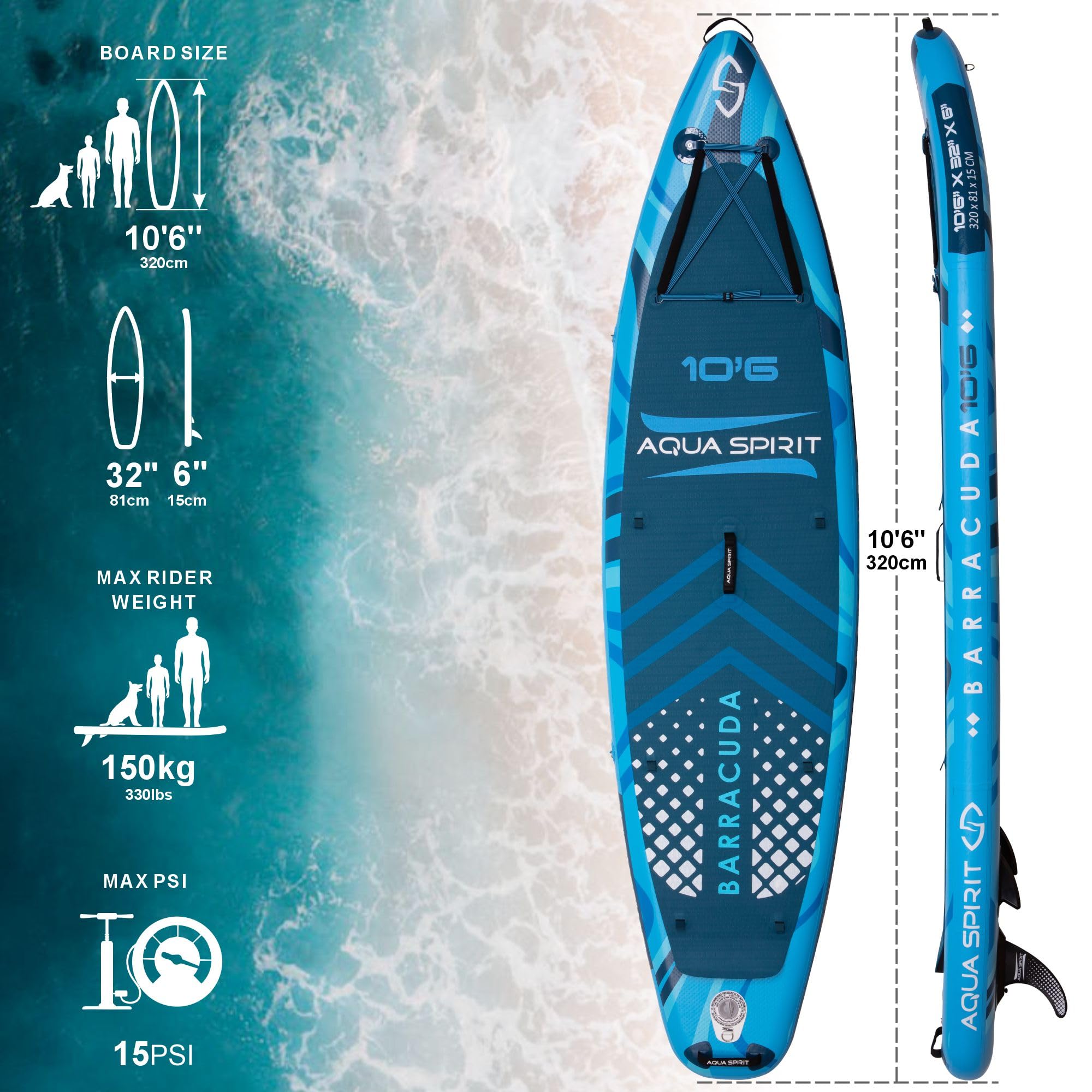 Aqua Spirit Barracuda ISUP/Kayak Inflatable Stand Up Paddle Board 2025 | 10'6x32”x6” | Complete Conversion Kit with Paddle, Backpack and more accessories | Adult Beginner/Expert