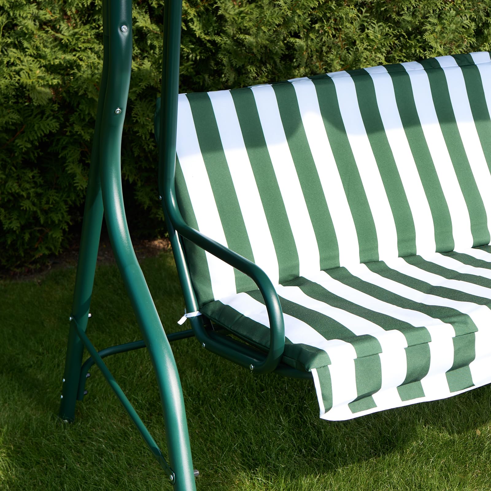 OHS Garden Swing Bench, 3 Seater Swing Seat Outdoor with Adjustable Canopy & Cushioned Seats Relaxing Comfy Outdoor Patio Hammock Bench, Grey/White Stripe