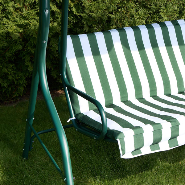 OHS Garden Swing Bench, 3 Seater Swing Seat Outdoor with Adjustable Canopy & Cushioned Seats Relaxing Comfy Outdoor Patio Hammock Bench, Grey/White Stripe