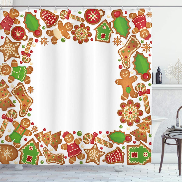 ABAKUHAUS Christmas Shower Curtain, Taste of Xmas Season Frame Gingerbread Cookies and Biscuits, Cloth Fabric Bathroom Decor Set with Hooks, 175 x 200