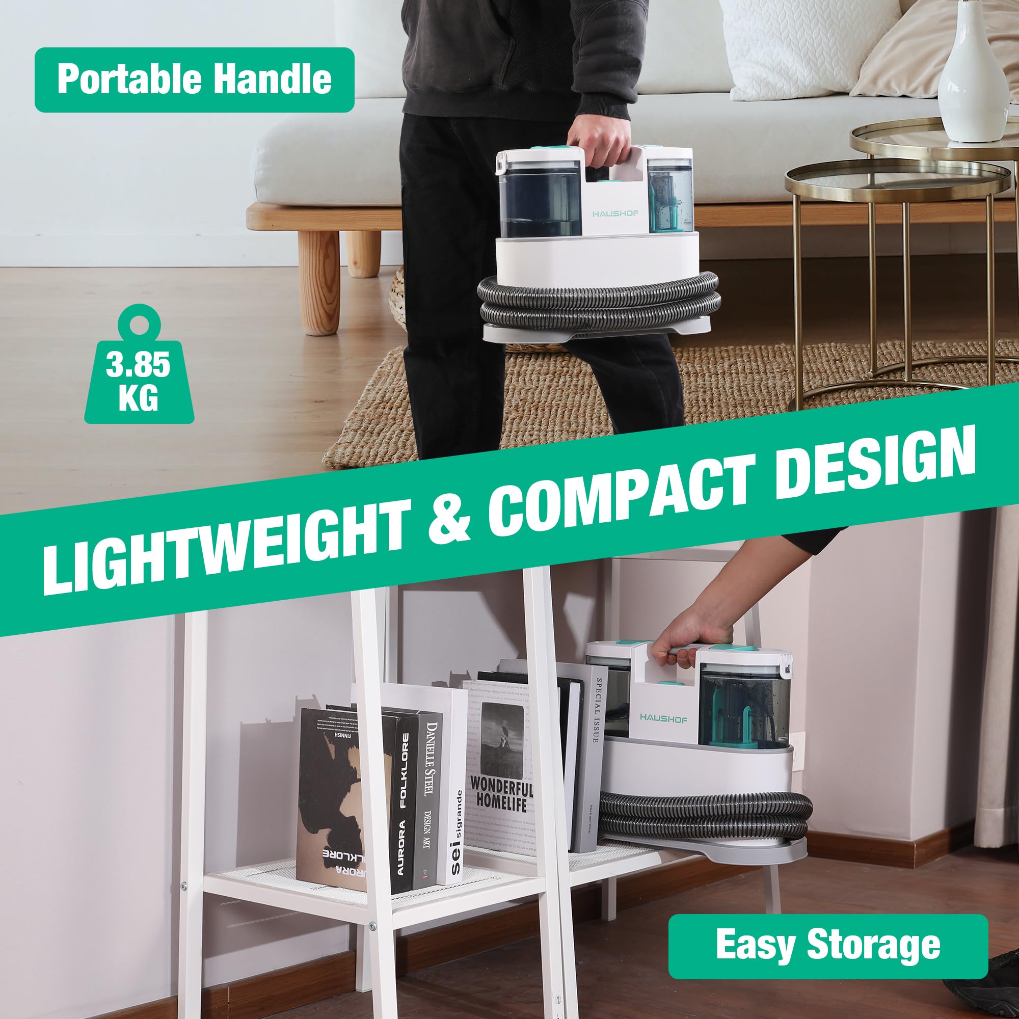 HAUSHOF StainZapper Pro Carpet Cleaner Machines, 450W Handheld Spot Carpet Washer, Clean Carpets, Stairs, Upholstery, Car Seats, 1.5L Twin Tank Spot Cleaner, Include Spot & Stain Cleaner