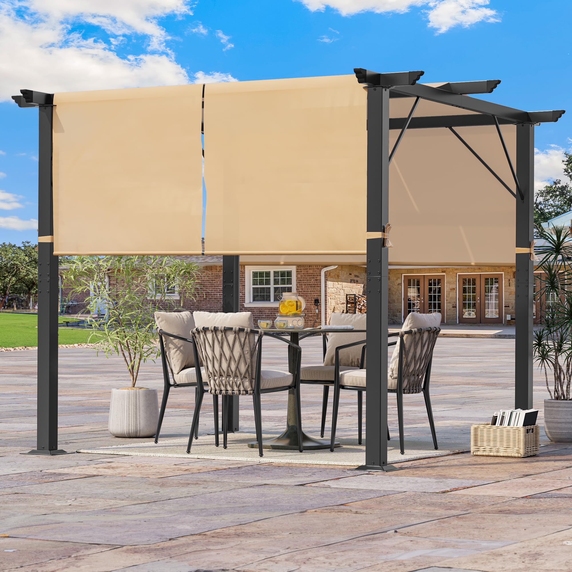 Metal Pergola with Retractable Roof, Outdoor Pergola Includes Water-Resistant and SPF 15 PU Coated Canopy, Sun Shade for Barbecue Events, Garden Parties, and Lawn in Dark grey 3x3Meter