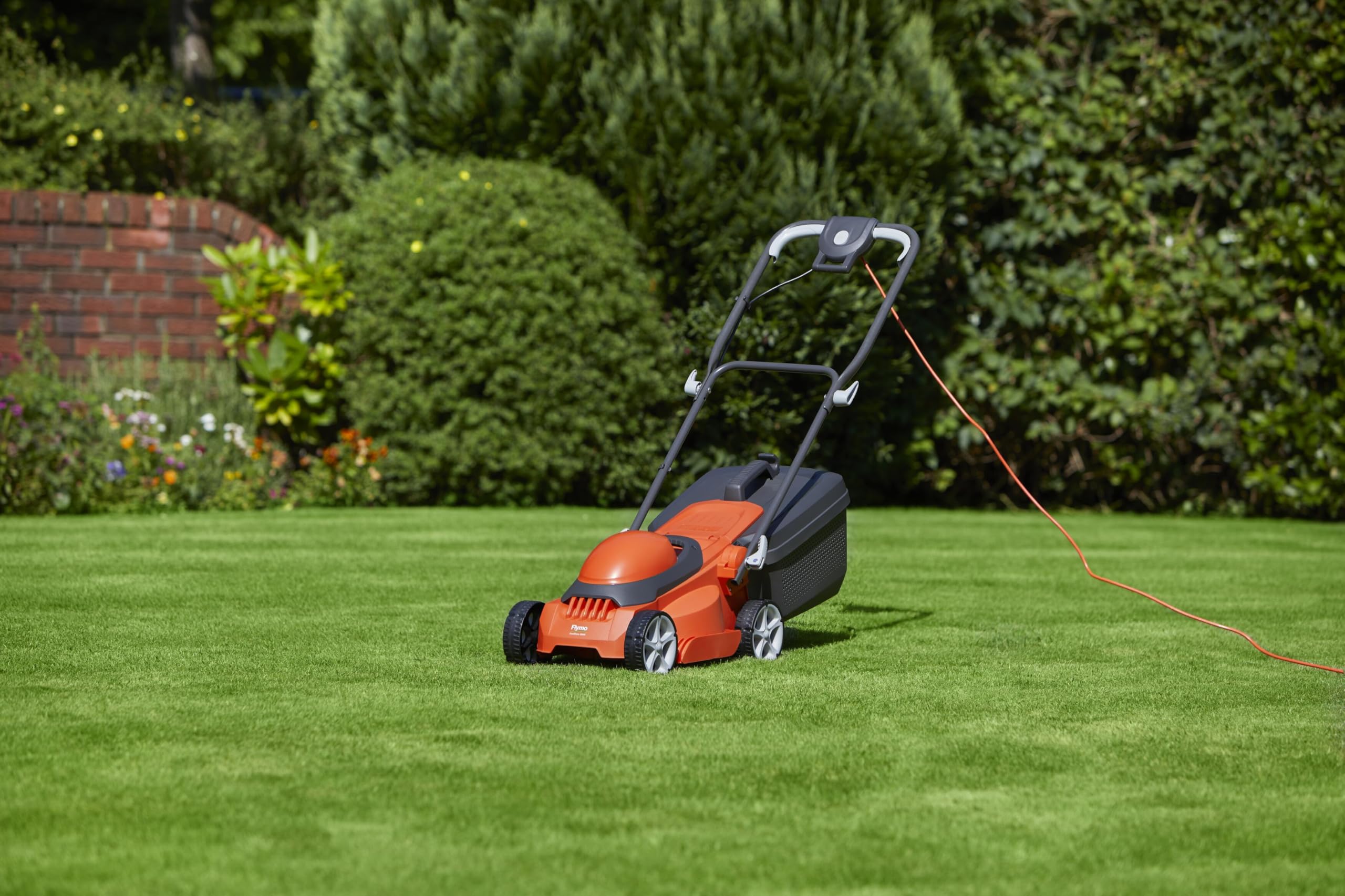 Flymo EasiStore 380R Electric Rotary Lawn Mower - 38 cm Cutting Width, 45 Litre Grass Box, Close Edge Cutting, Rear Roller, Central Height Adjust, Space Saving Storage Features