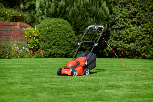 Flymo EasiStore 380R Electric Rotary Lawn Mower - 38 cm Cutting Width, 45 Litre Grass Box, Close Edge Cutting, Rear Roller, Central Height Adjust, Space Saving Storage Features