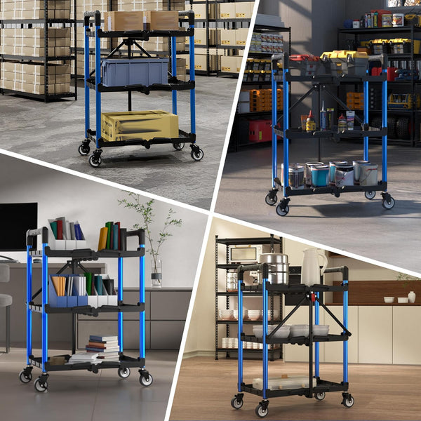 WORKPRO 3-Tier Collapsible Service Cart with Wheels, 31.8 kg Capacity & Ergonomic Handle - Folding Cart for Garage, Workshop, Home & Office