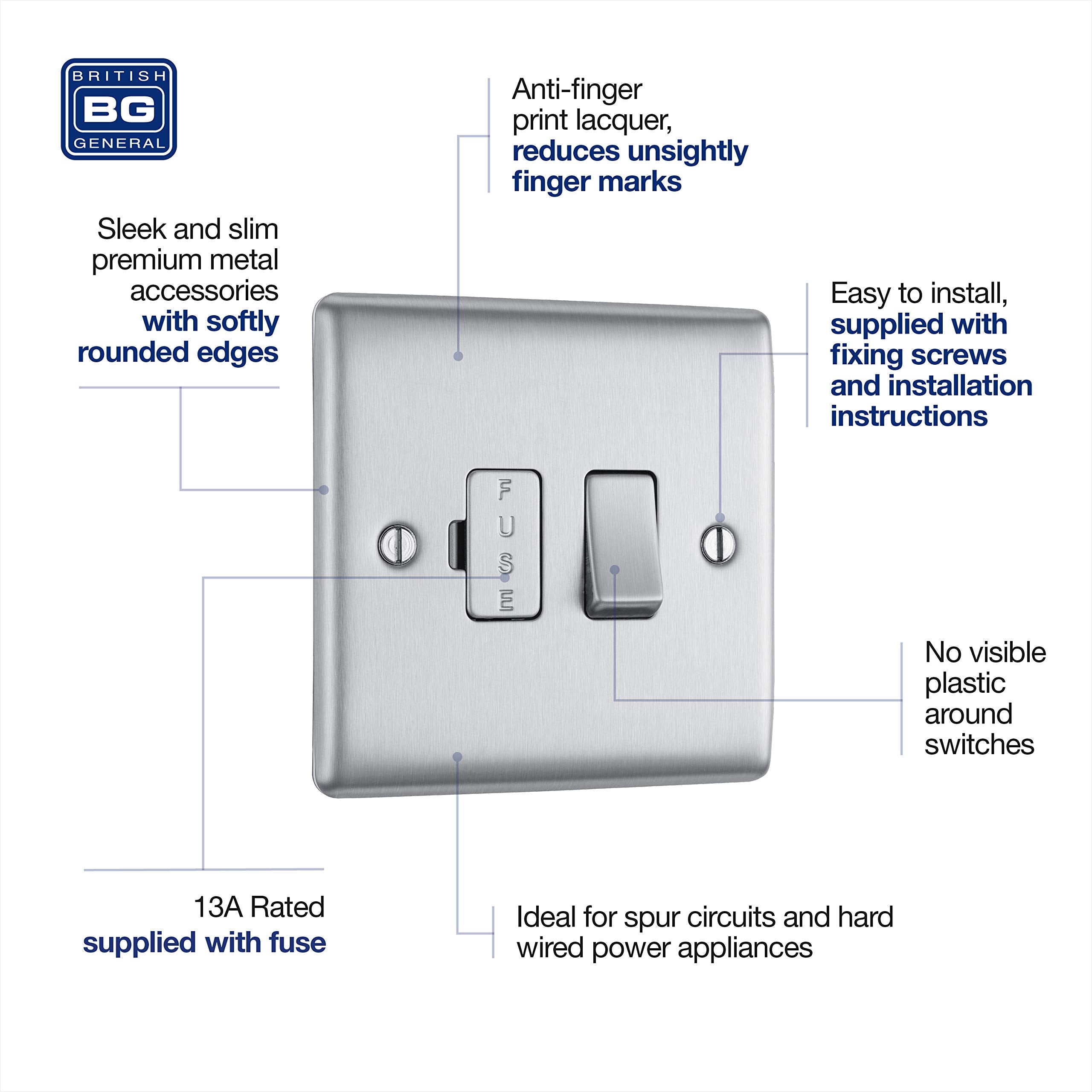 BG Electrical Cooker Switch with Socket and LED, Cooker Control Unit, Control Socket, Double Pole, Raised Profile, Round Edges, Nexus Metal, Brushed Steel, Grey Inserts, 45A, NBS70G