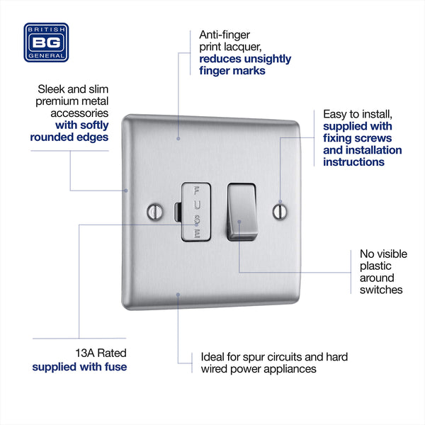BG Electrical Cooker Switch with Socket and LED, Cooker Control Unit, Control Socket, Double Pole, Raised Profile, Round Edges, Nexus Metal, Brushed Steel, Grey Inserts, 45A, NBS70G