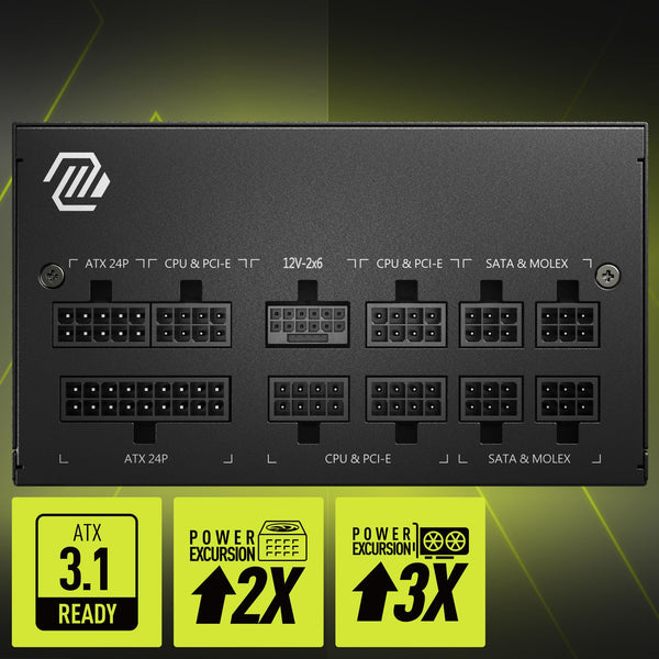 MSI MPG A1000G PCIE5 Power Supply Unit, UK Plug - 1000W, 80 Plus Gold Certified, Fully Modular ATX 3.0, PCIe 5.0 GPU Support, Japanese 105°C Capacitors, 0% RPM Mode, Flat Cables - 10 Year Warranty