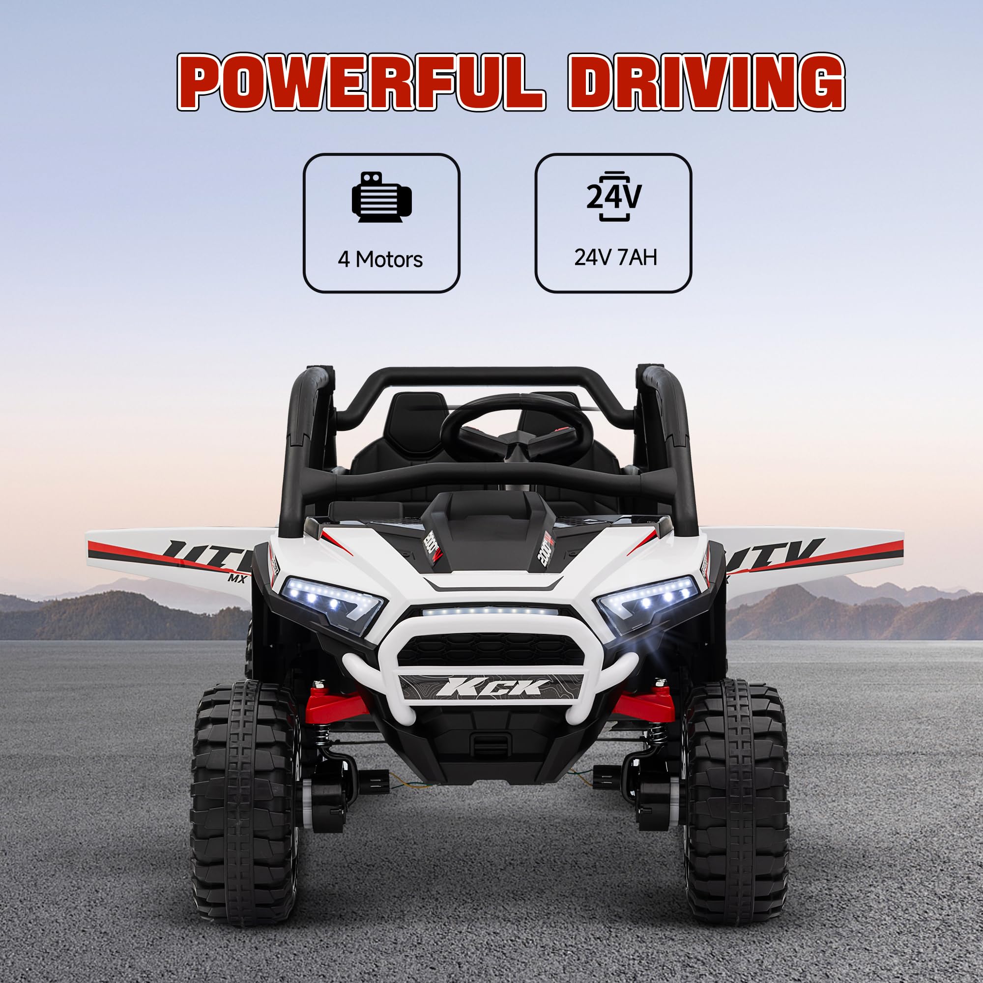 AIYAPLAY 2 Seater Ride on Truck, 24V 7AH Battery Powered Electric Ride On Car with Parental Remote Control, Spring Suspension, 3 Speeds, LED Lights, MP3, Horn, Music, White