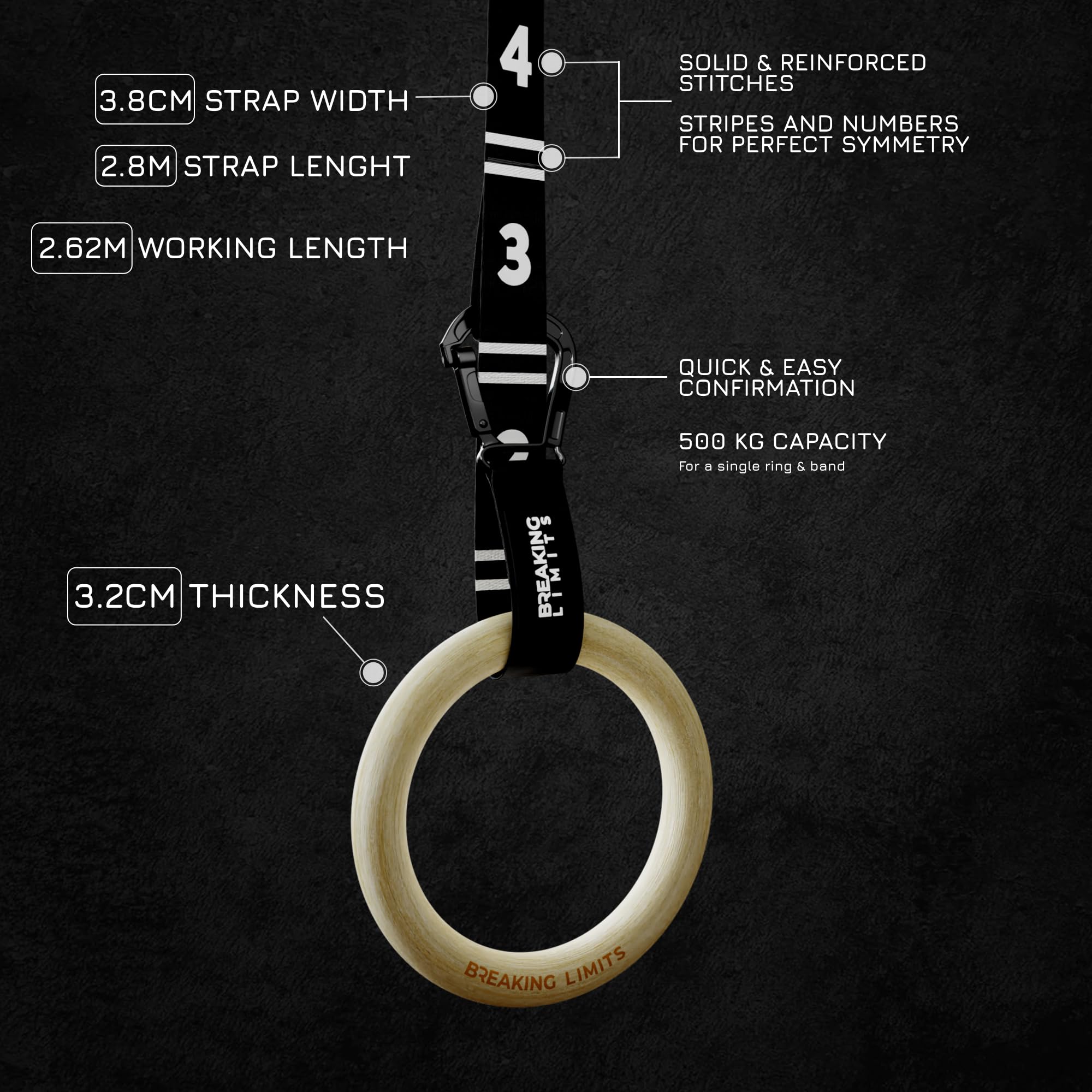 BREAKING LIMITS Gymnastics Rings - Adjustable Straps with Quick Release & Carabiner - Textured & Non-Slip Birch Wood Gym Rings - As Calisthenics