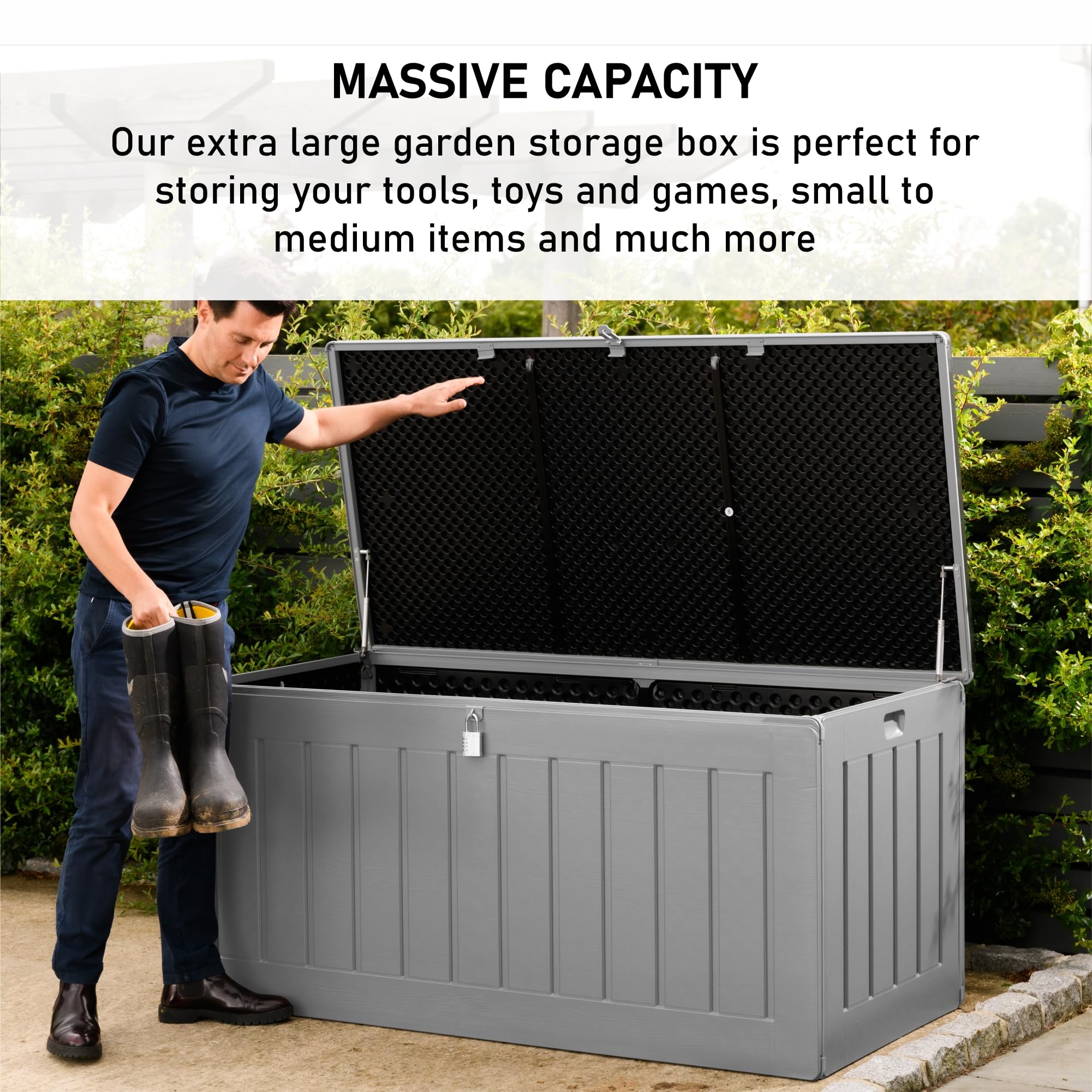 Olsen & Smith 680L Large Garden Storage Box - Weather Resistant Heavy Duty Garden Box with Padlock & Wood Effect - Huge Capacity Outdoor Storage Chest for Tools, Cushions, Toys & More (Anthracite)