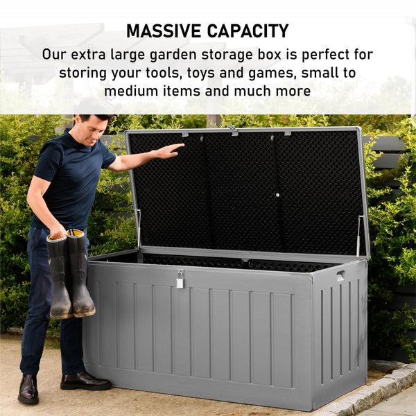 Olsen & Smith 680L Large Garden Storage Box - Weather Resistant Heavy Duty Garden Box with Padlock & Wood Effect - Huge Capacity Outdoor Storage Chest for Tools, Cushions, Toys & More (Anthracite)