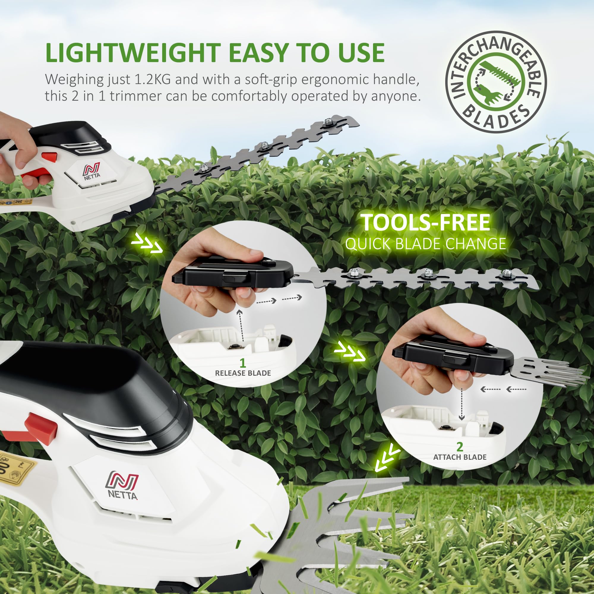 NETTA 2in1 Grass Shear & Hedge Trimmer with 7.2V Rechargeable 1500mAh Lithium-Ion Battery, Edging and Shrub Shear, 2 Interchangeable Blades, Lightweight, Garden Cutting Edge Trimmer, Pruner - Handheld