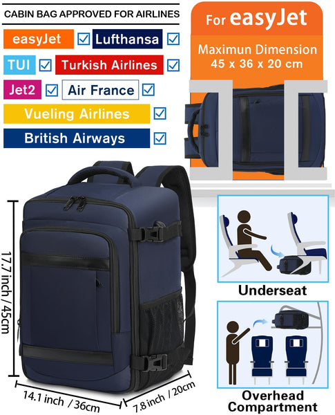 KLOSTAIN for Easyjet Cabin Bag 45x36x20 Travel Backpack Hand Luggage Carry-ons Bag Laptop Backpack Ruscksack for Airplanes Flight New Easyjet Underseat Cabin Bags Fit 14" Laptop Navy