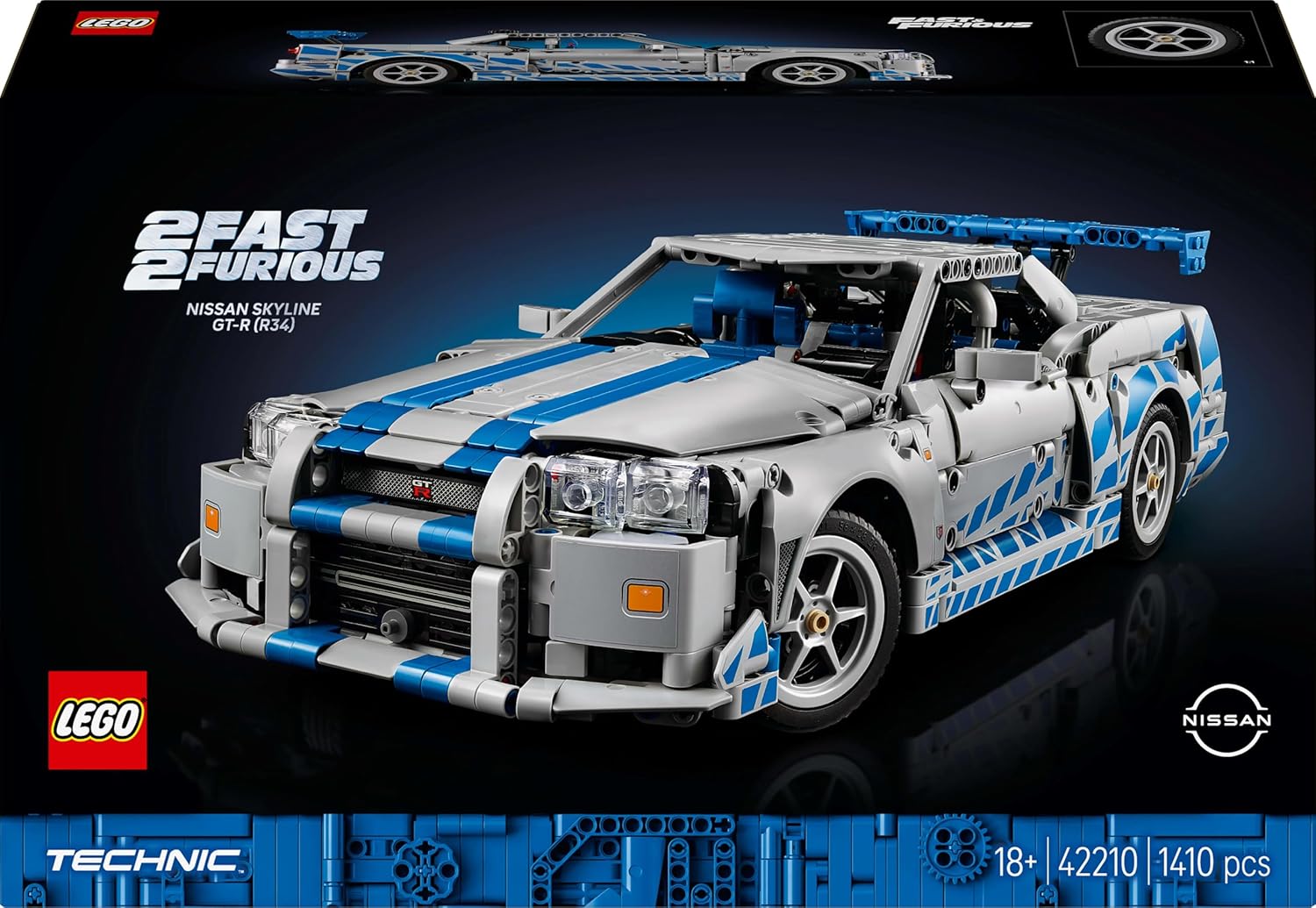 LEGO Technic 2 Fast 2 Furious Nissan Skyline GT-R (R34) Car Model Kit for Adults - incl. a Drift Function, Steering, Suspension & a 6-Cylinder Engine - Collectible Gift for Fans - 42210