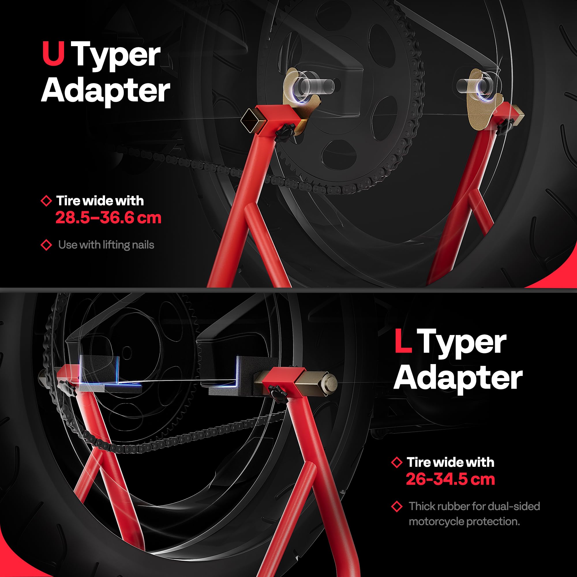 SPECSTAR Motorcycle Paddock Stand Combo 400kg Capacity Front and Rear Wheel Lift with U & L Fork Adjustable Swingarm Spool Stands for Motorbike Garage Repair Use Scissor Stand with 4 Wheels