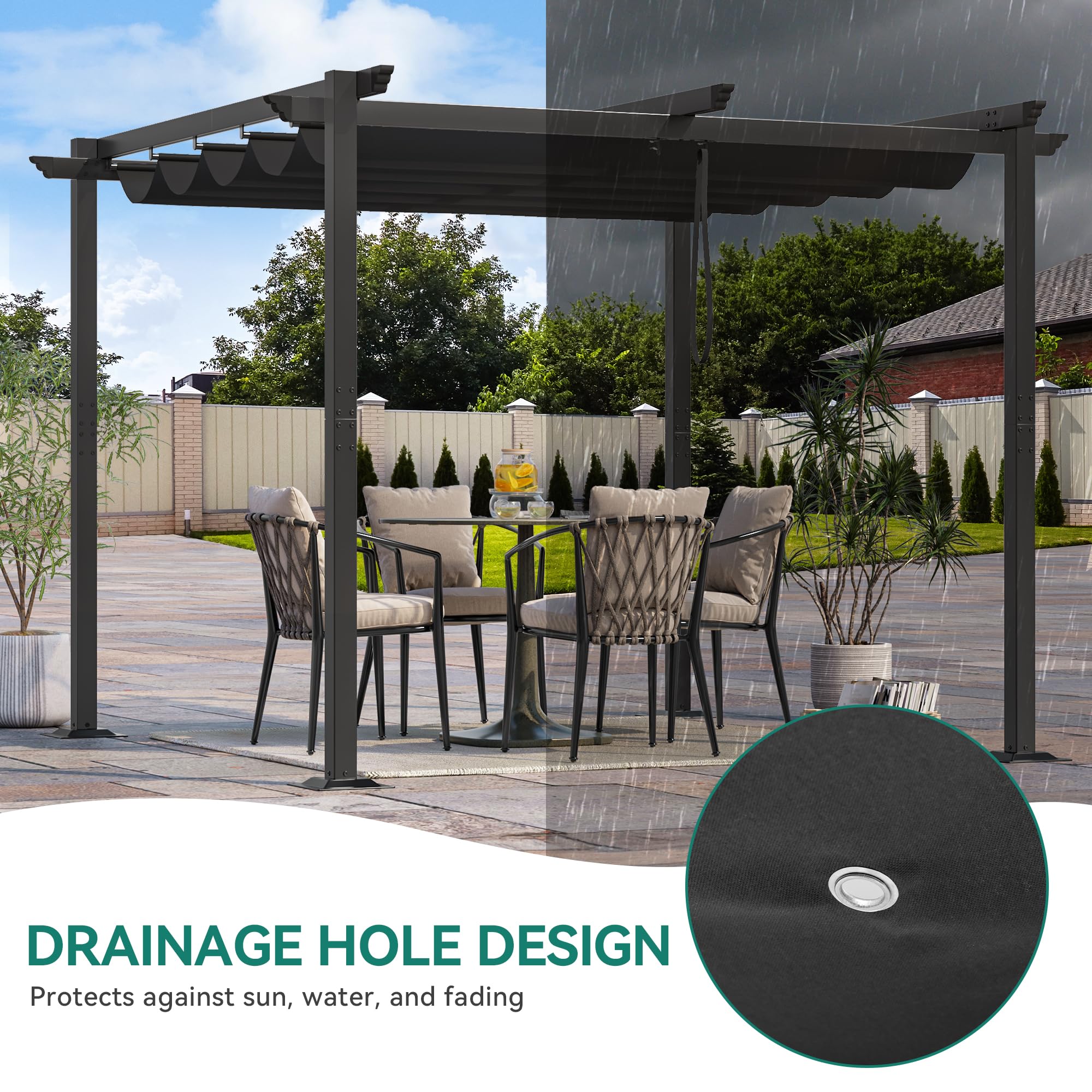 Metal Pergola with Retractable Roof, Outdoor Pergola Includes Water-Resistant and SPF 15 PU Coated Canopy, Sun Shade for Barbecue Events, Garden Parties, and Lawn in Dark grey 3x3Meter