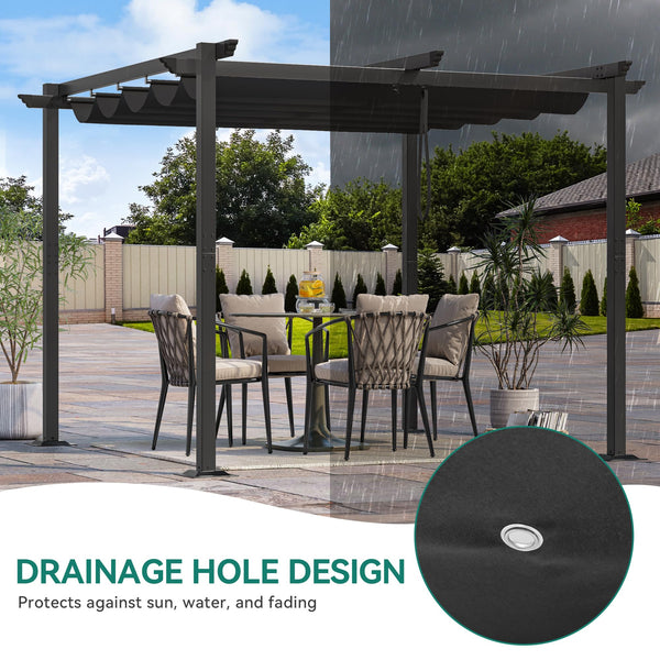 Metal Pergola with Retractable Roof, Outdoor Pergola Includes Water-Resistant and SPF 15 PU Coated Canopy, Sun Shade for Barbecue Events, Garden Parties, and Lawn in Dark grey 3x3Meter