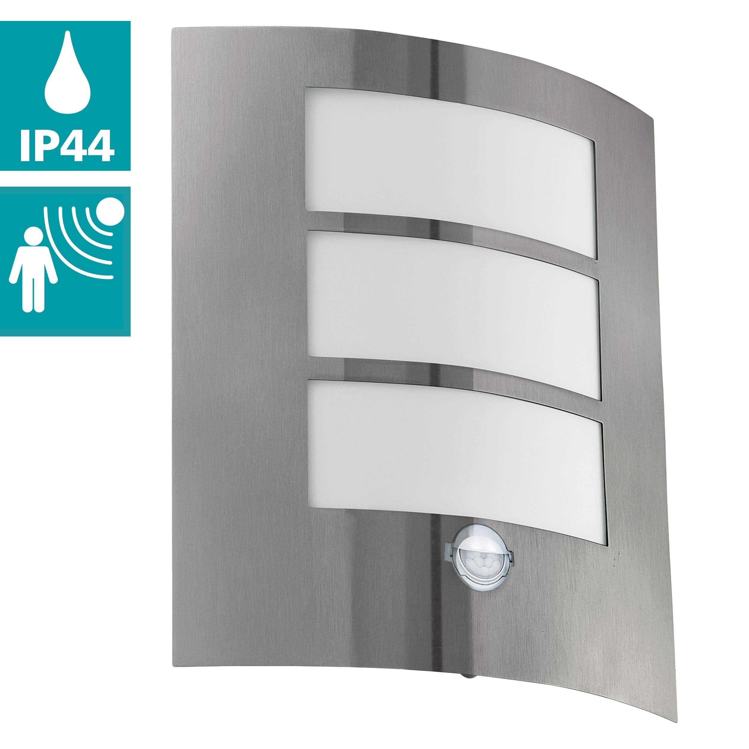 Eglo City Outdoor Motion Sensor Wall Light, White and Silver Stainless Steel External Porch Lighting, Exterior Lamp, E27 Socket, IP44