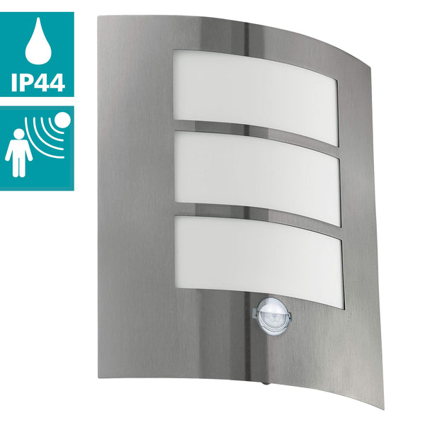 Eglo City Outdoor Motion Sensor Wall Light, White and Silver Stainless Steel External Porch Lighting, Exterior Lamp, E27 Socket, IP44