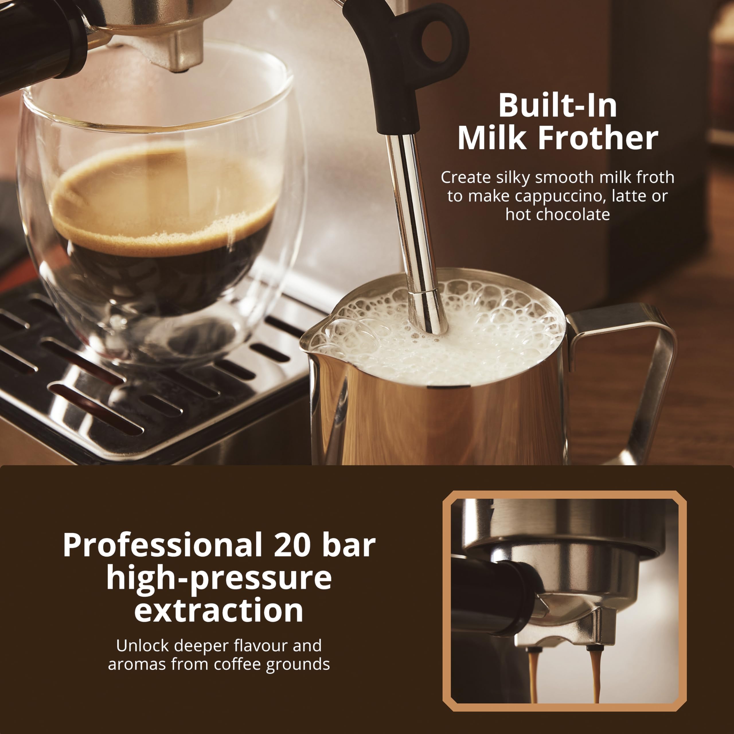 Swan SK22154 Pump Espresso Digital Coffee Machine, Digital Touch Controls with 8 Pre-Sets, 20 Bar Pressure, Built-in Automatic Milk Frother with 500ml Tank, Black