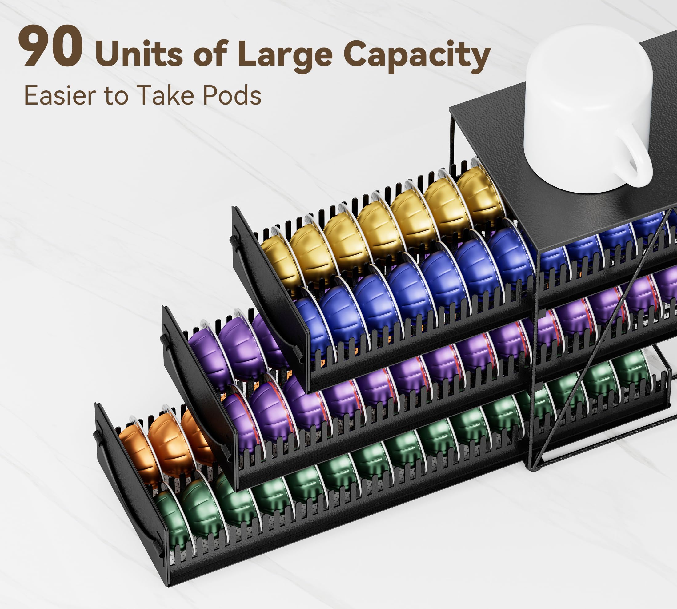 HFHOME Coffee Pod Holder Drawer for 90 Nespresso Vertuo Pods, 3 Tier Nespresso Pod Organizer, Metal Coffee Capsules Storage Stand with Sliding Drawers